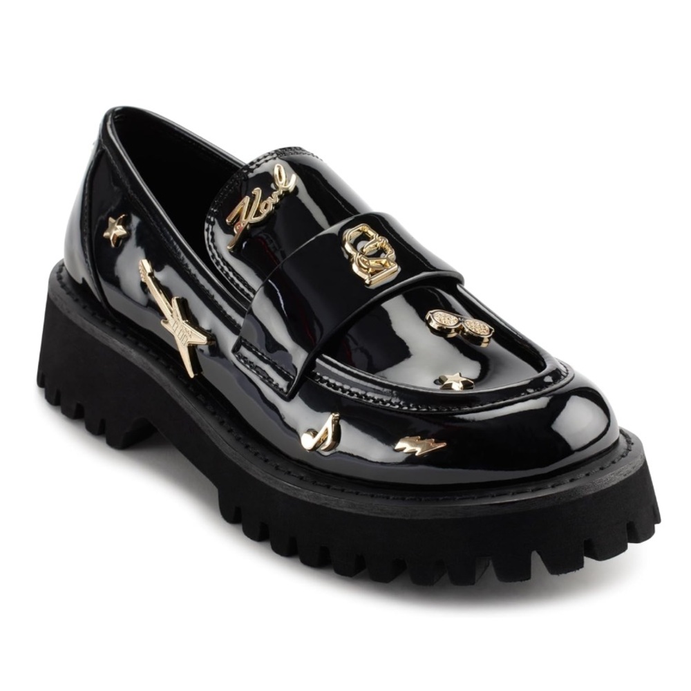 Karl Lagerfeld Womens Gaston Lug Sole Loafer Pin Embellishments Gold